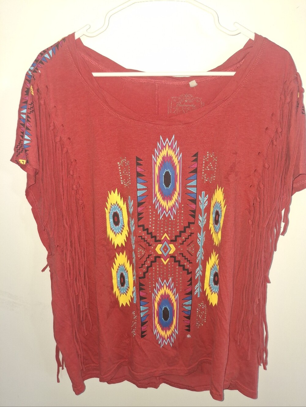 Source Unknown Red Short-Sleeve Fringe Tribal Print Tee